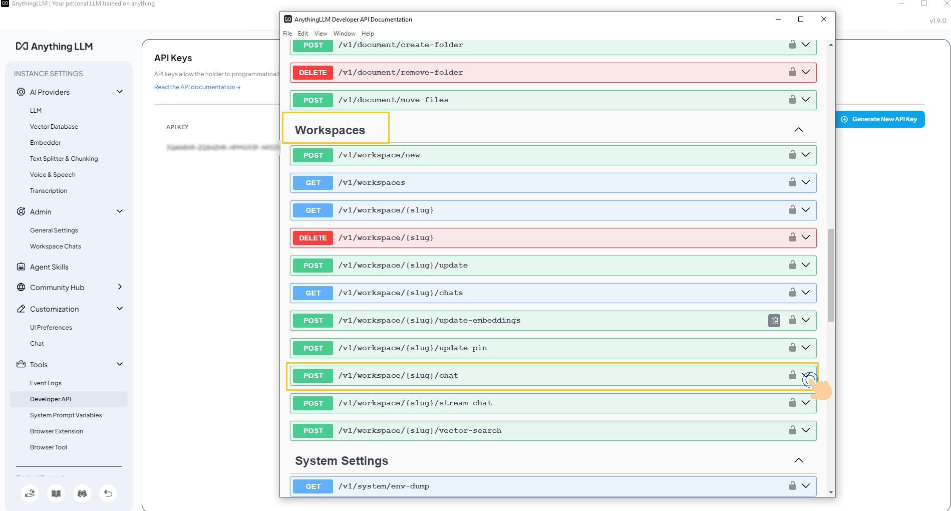 Workspaces section in API documentation