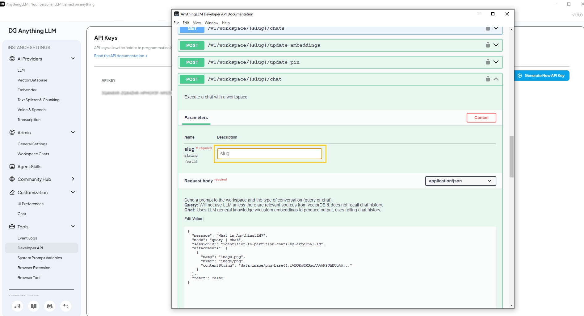 Workspace slug name input field in API dialog