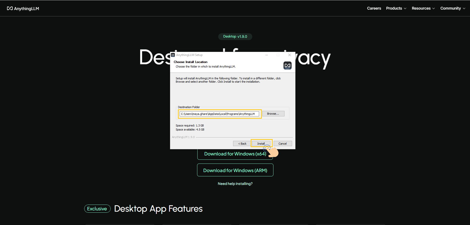 AnythingLLM installation dialog with progress