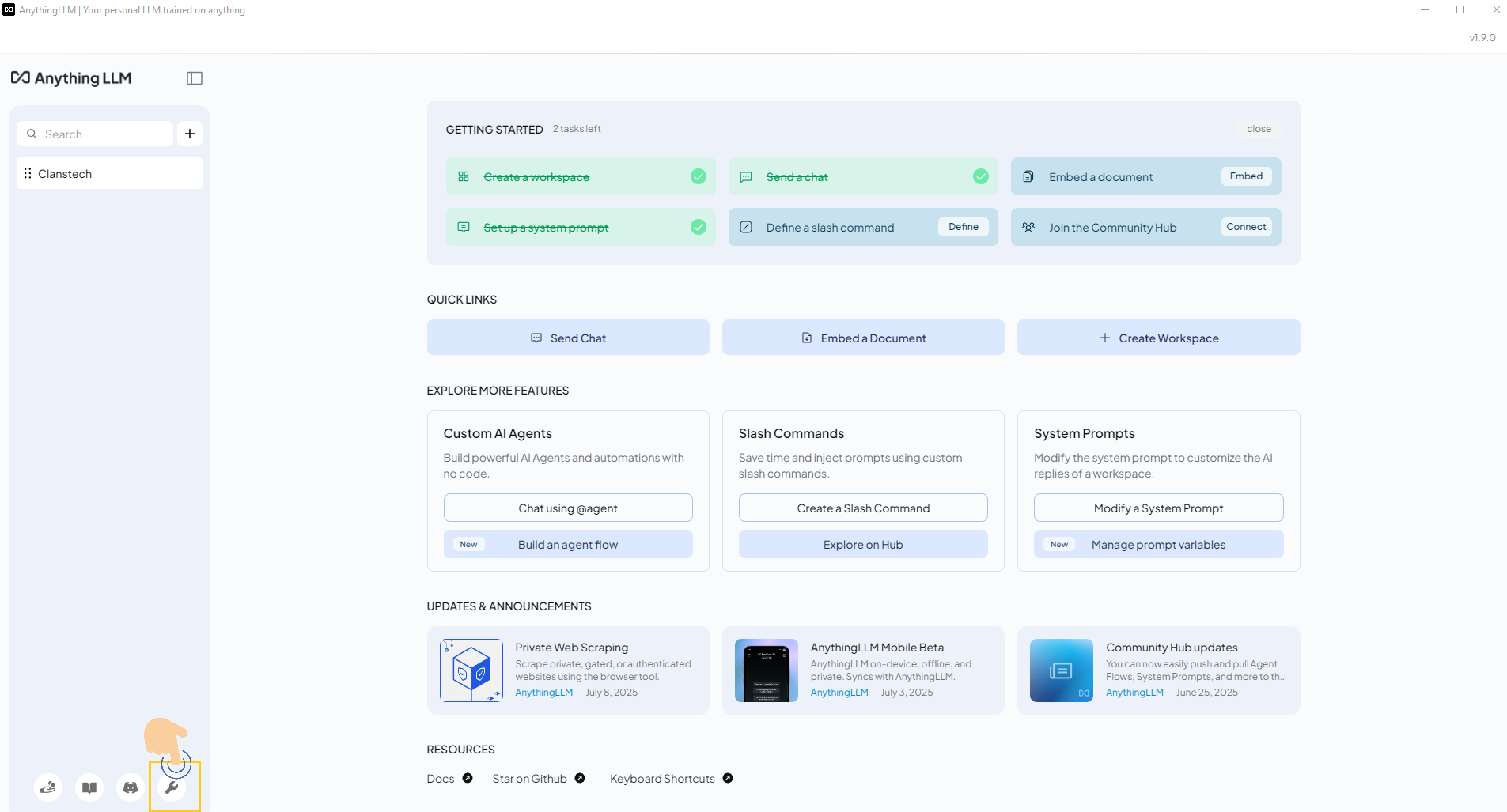 AnythingLLM settings icon in application interface