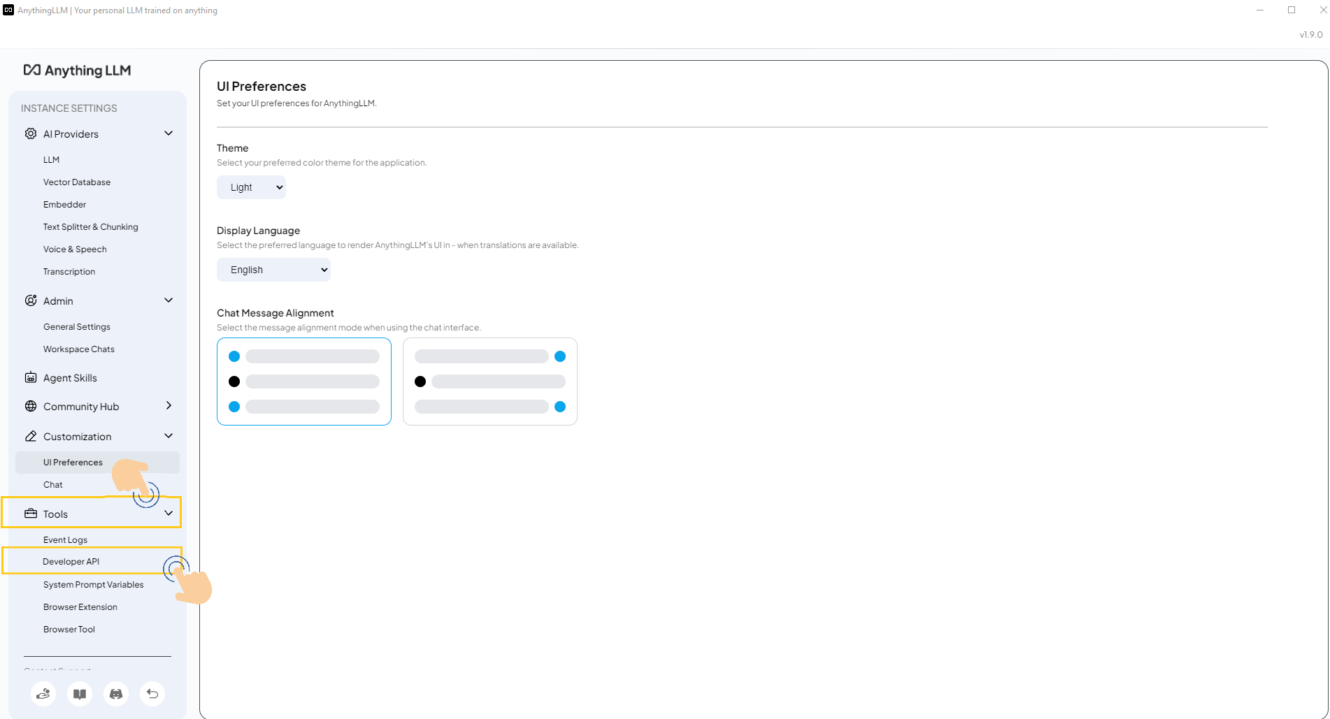 AnythingLLM Tools section and Developer API option