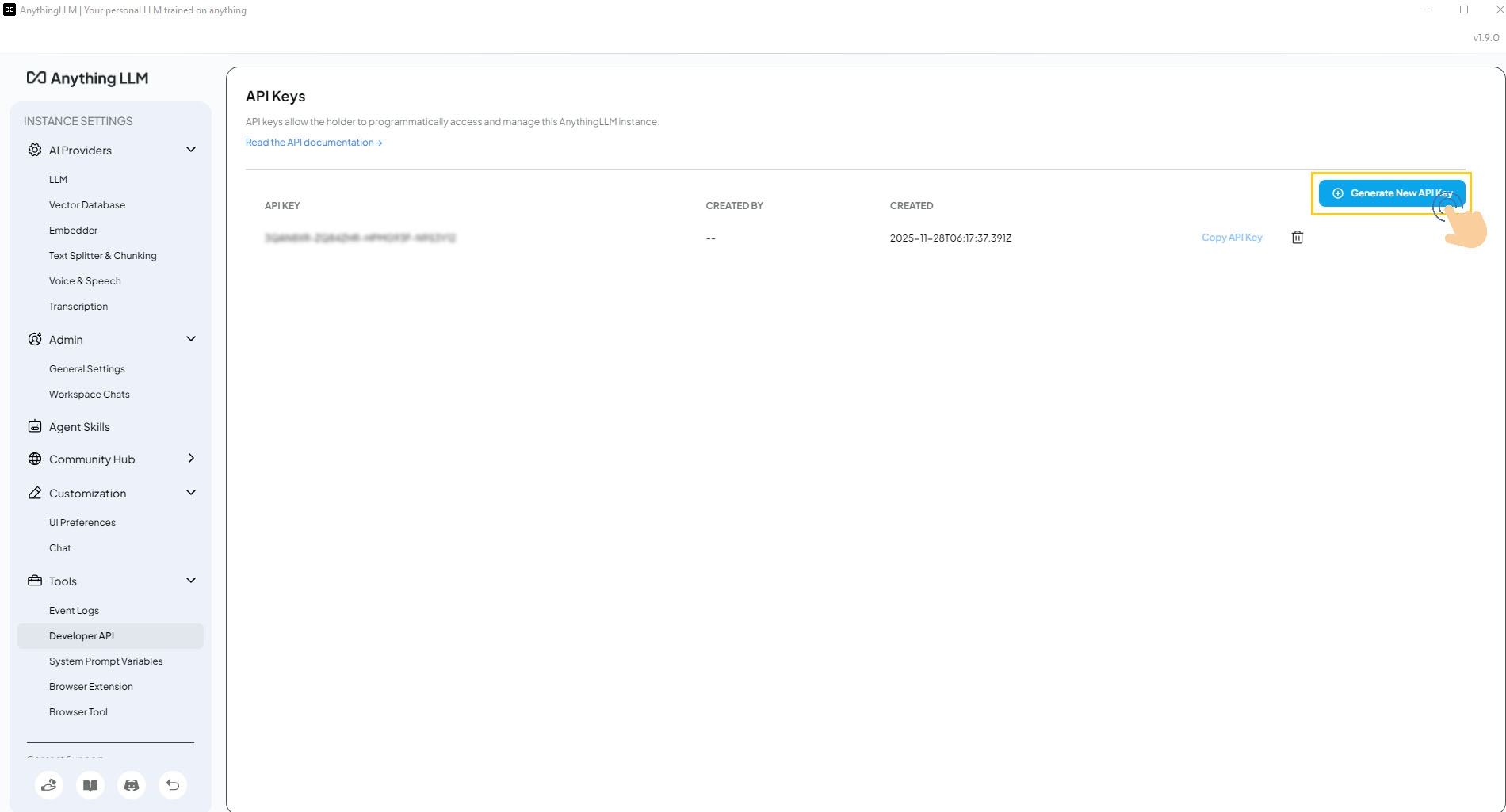 Generate New API Key button in Developer API settings