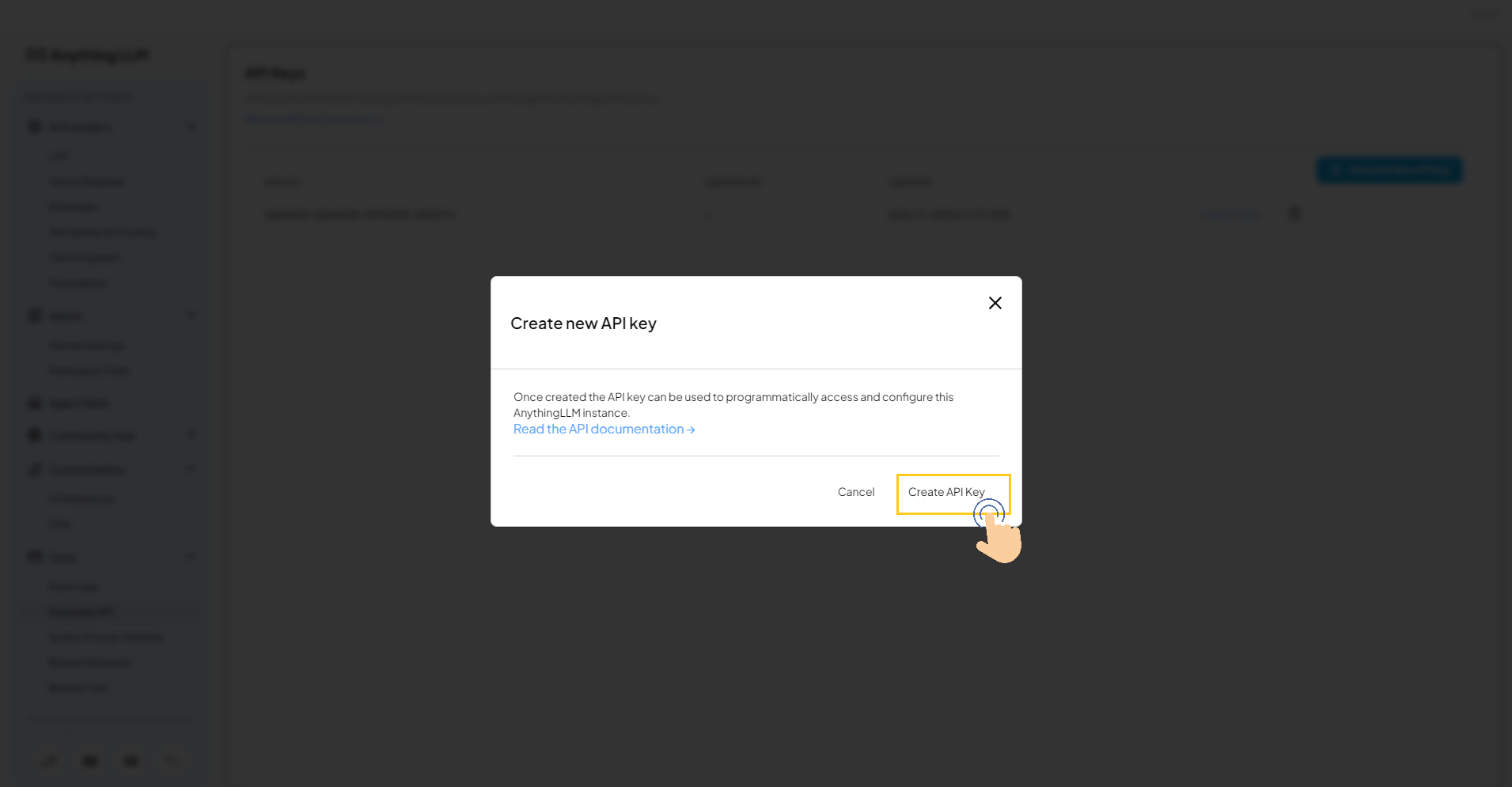 Create API Key button and confirmation popup