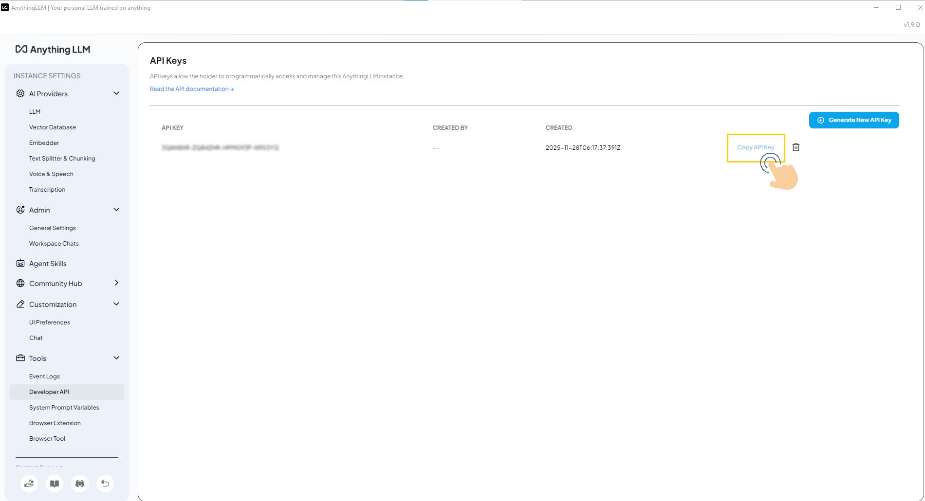 Generated API Key display for copying