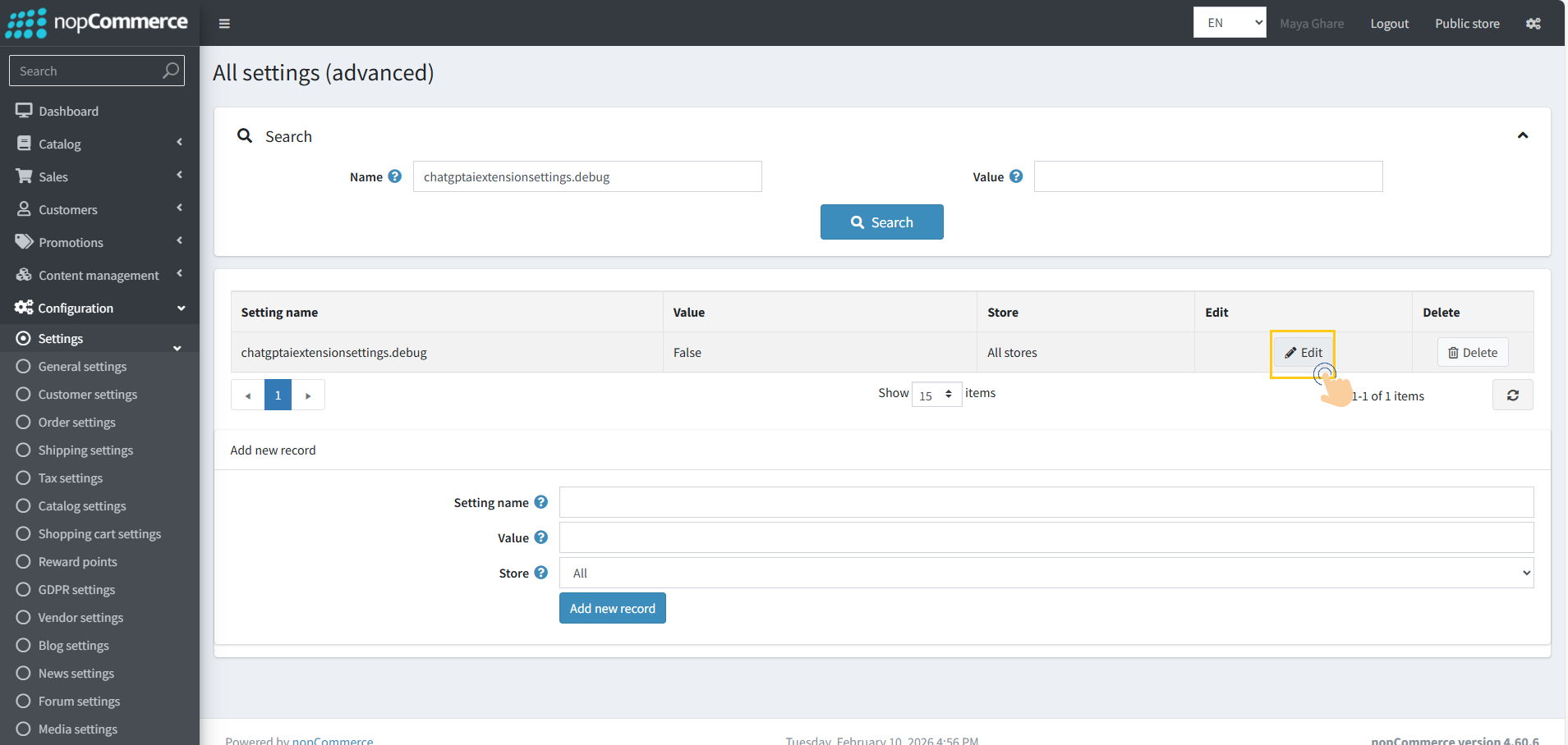 Edit button next to chatgptaiextensionsettings.debug setting