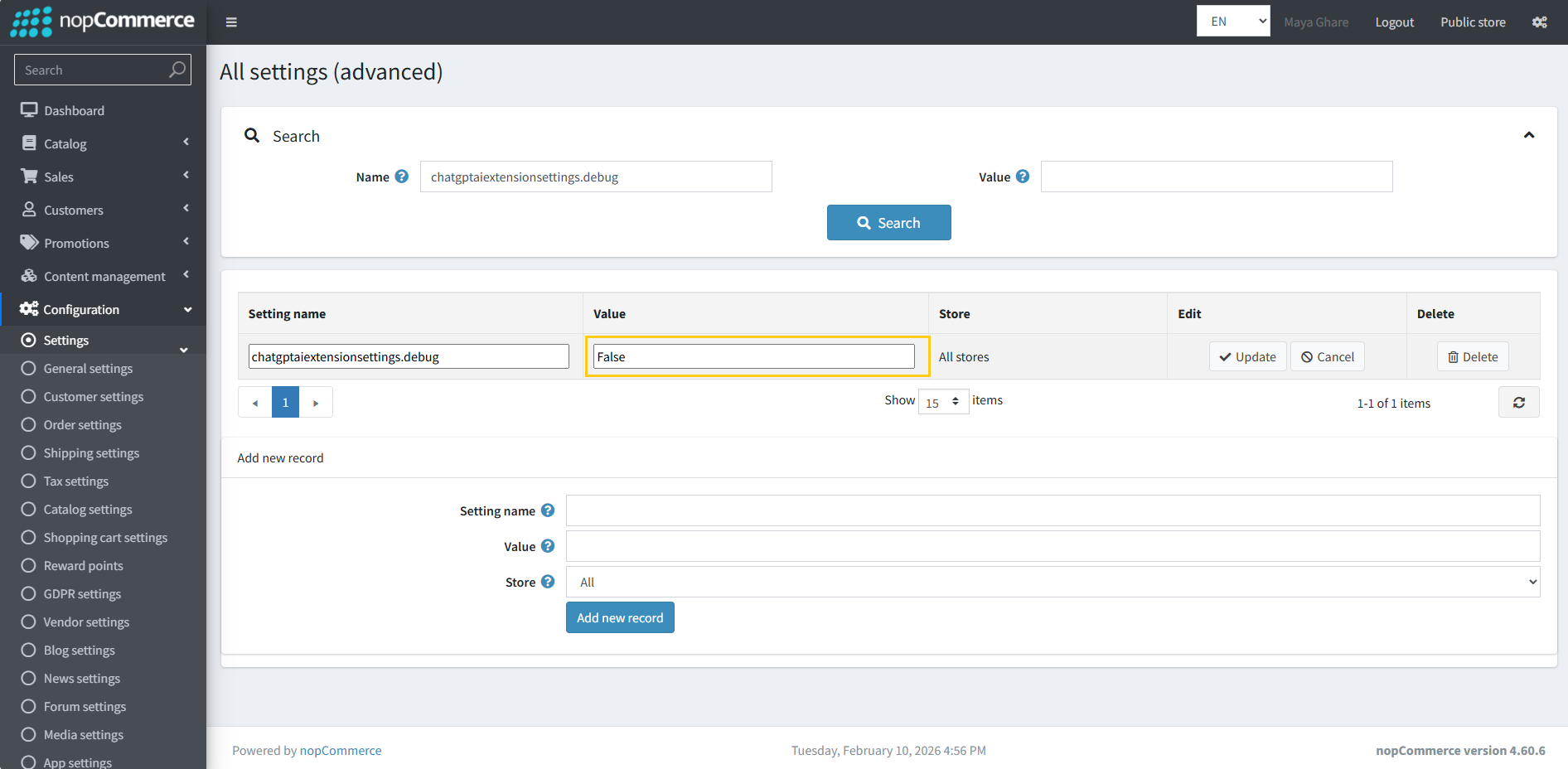 Debug mode value toggle True or False in settings