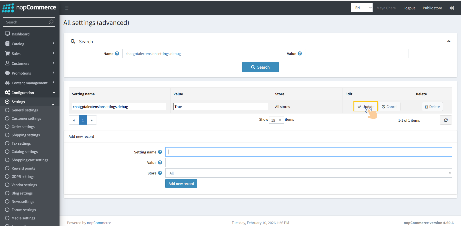 Update button to apply debug mode setting changes