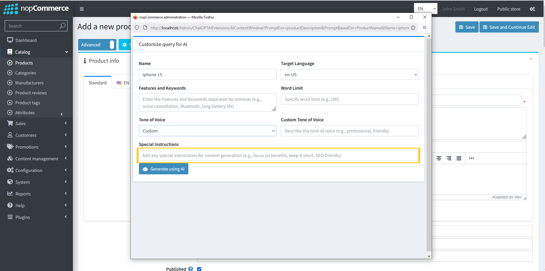 Special Instructions input box