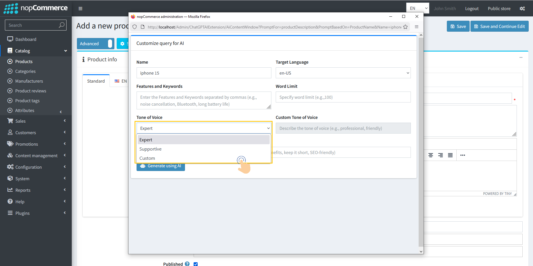 Tone of Voice selection dropdown