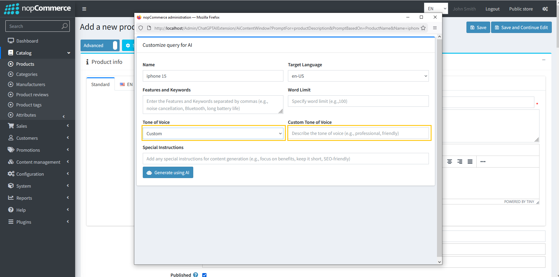 Custom Tone of Voice input box