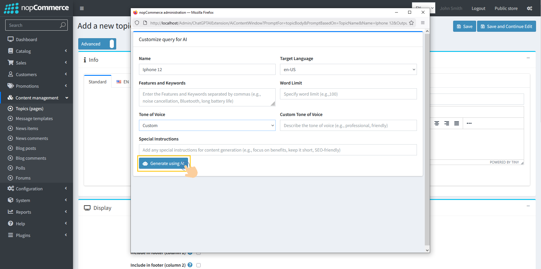 Generate Using AI button in topic customize dialog