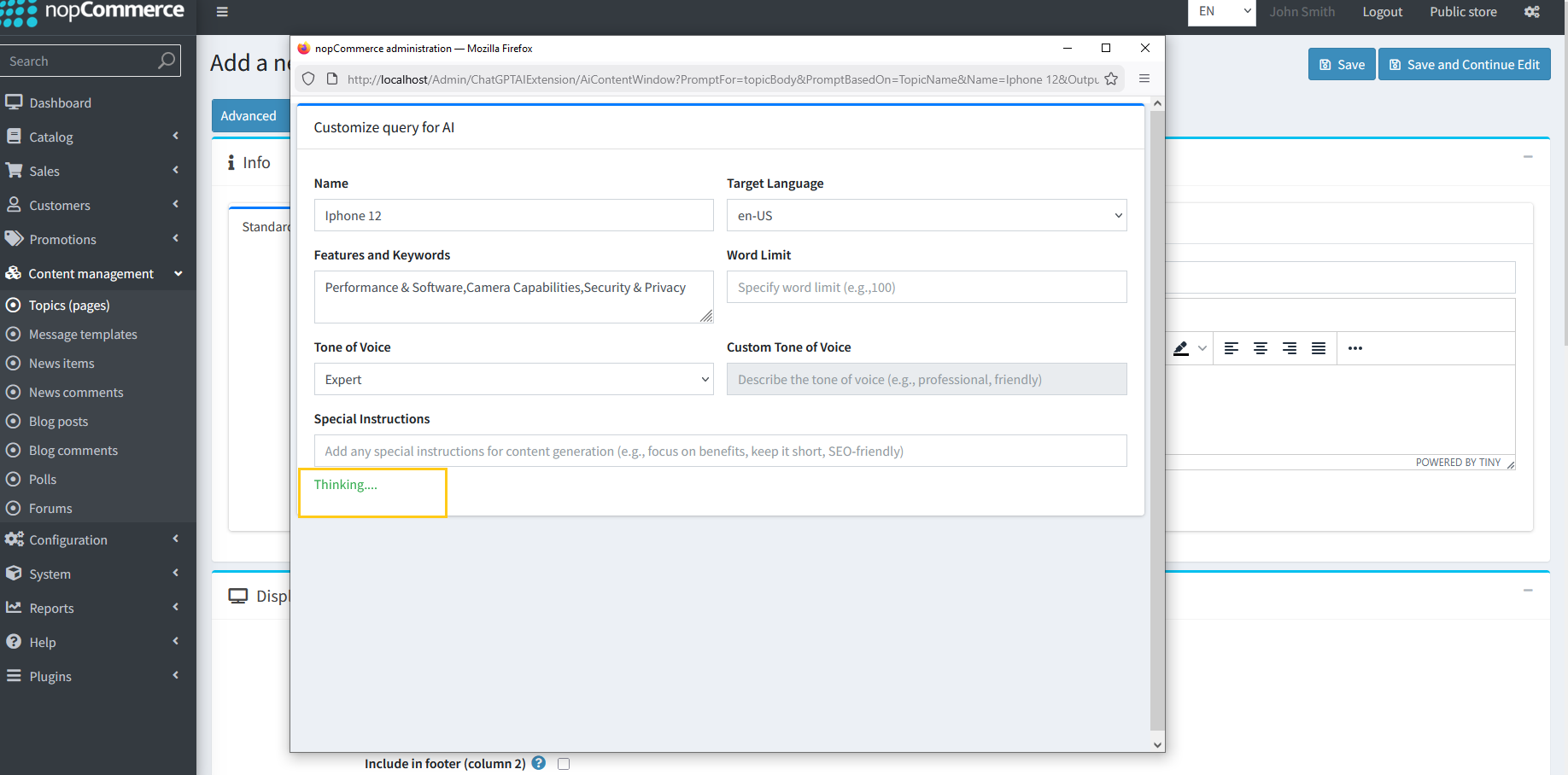 Thinking status indicator during topic generation