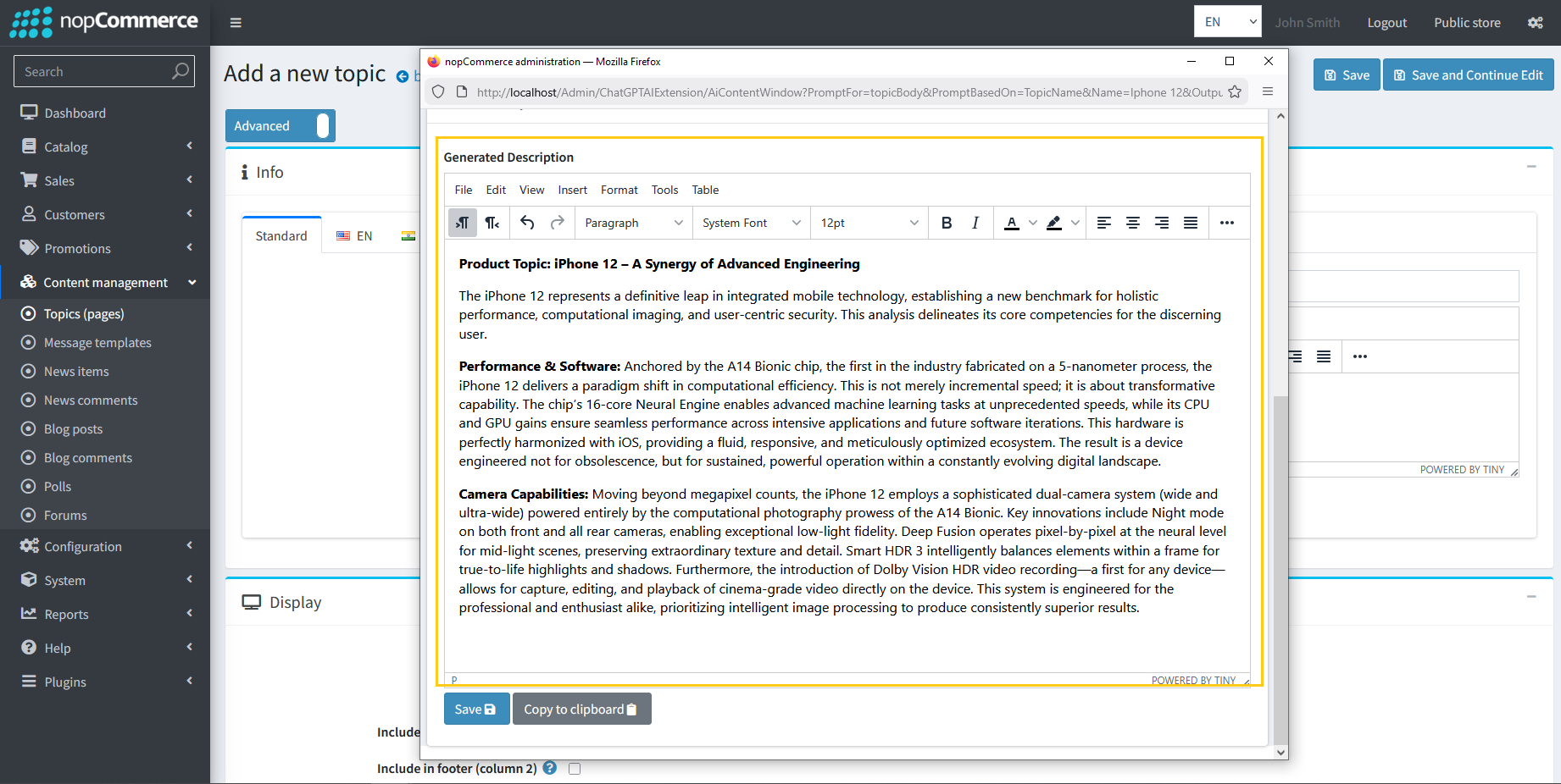 Generated topic description with Save and Copy buttons