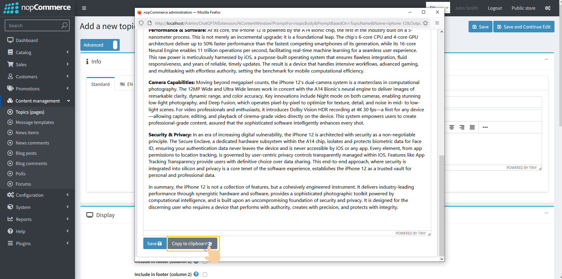Copy to clipboard button for generated topic content