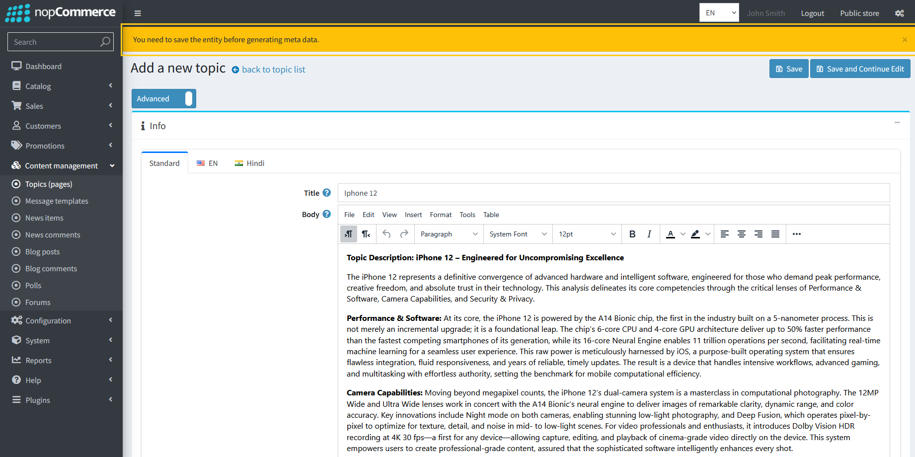 Error message requiring topic save before meta generation