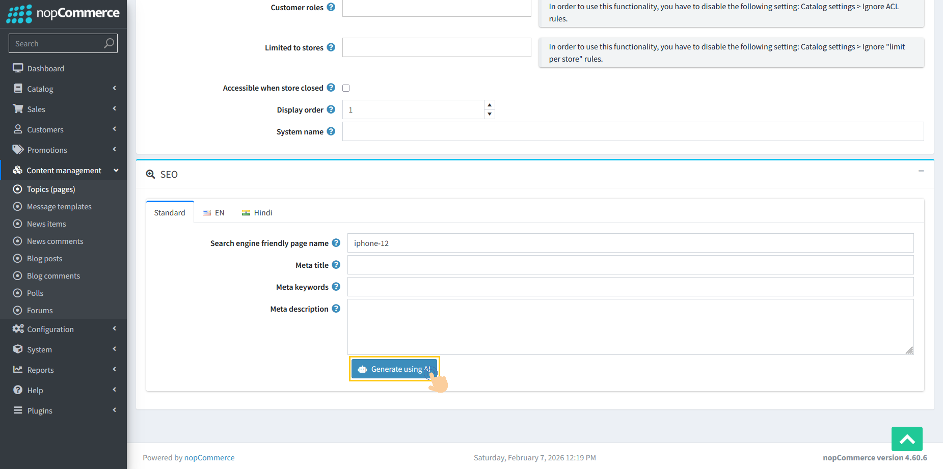 SEO section with Generate Using AI button for topic meta tags