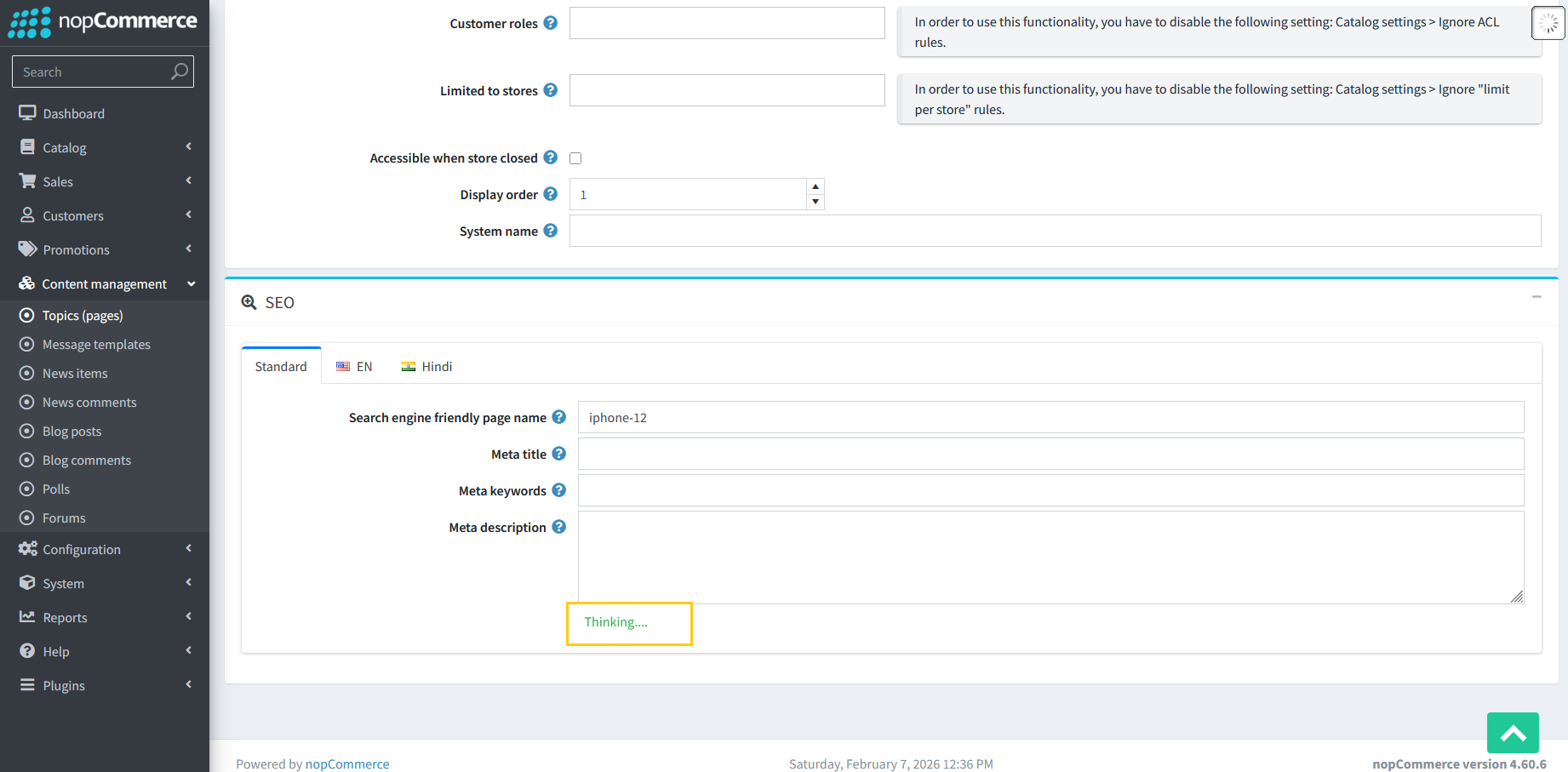 Thinking status during topic meta tag generation