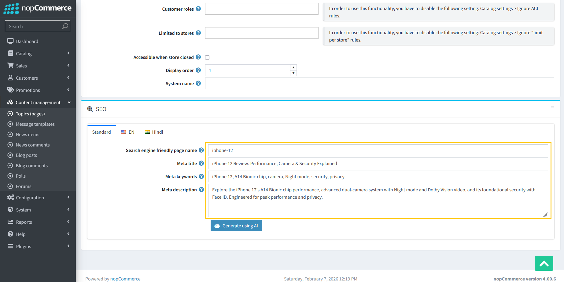Generated meta tags displayed in topic SEO fields