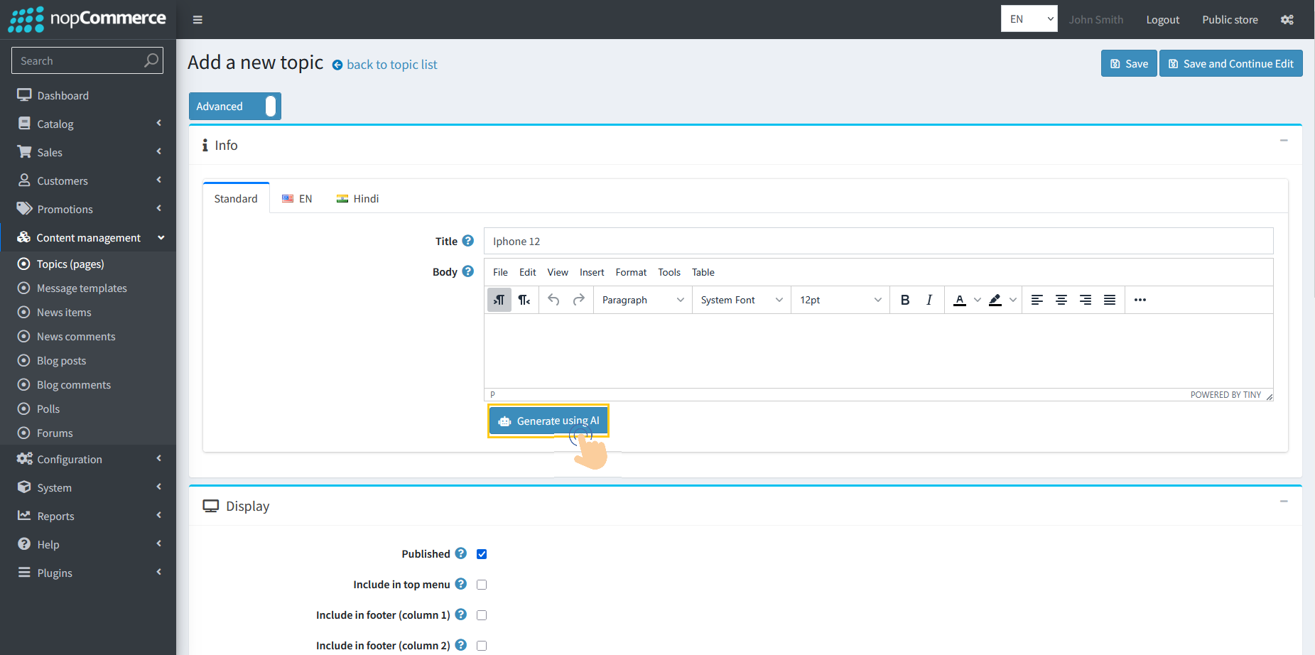 Generate Using AI button on topic page