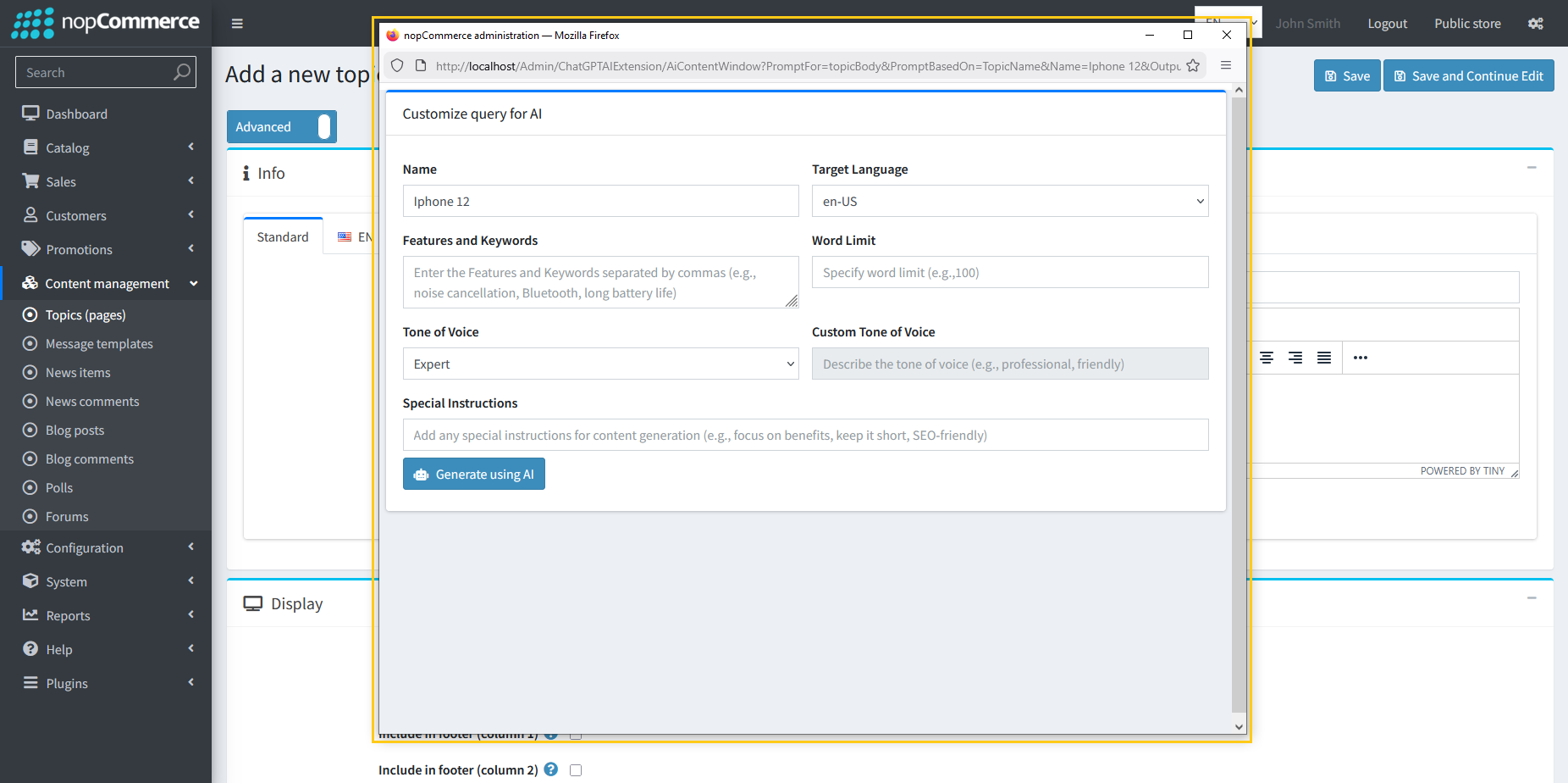 Customize Query for AI popup dialog for topic content