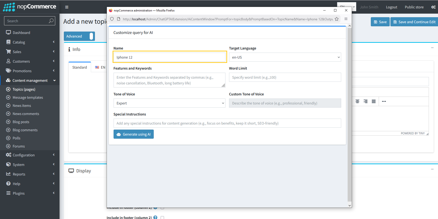Name field auto-populated with topic title in AI dialog
