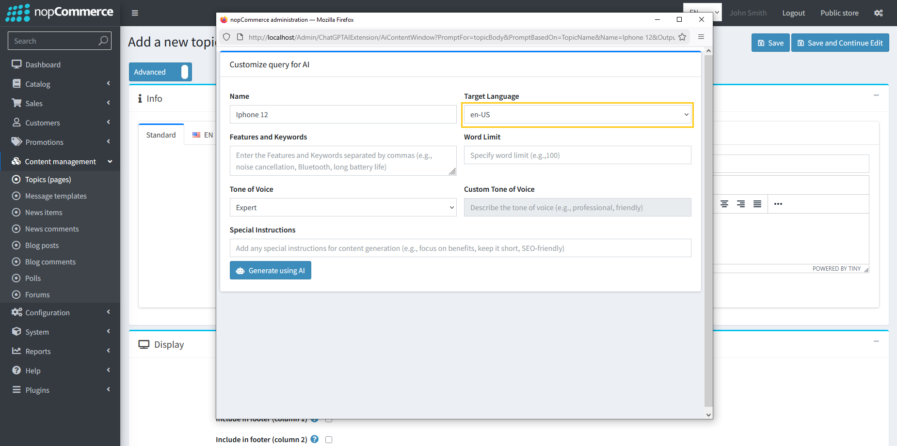 Language selection dropdown for topic AI generation