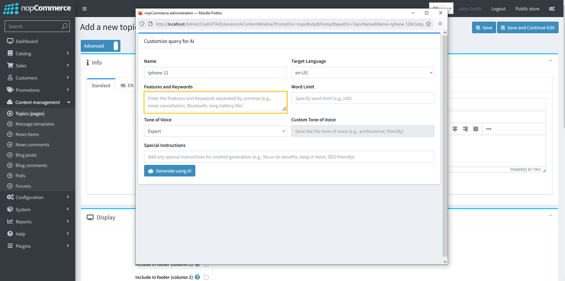Topic features and keywords input field in AI dialog