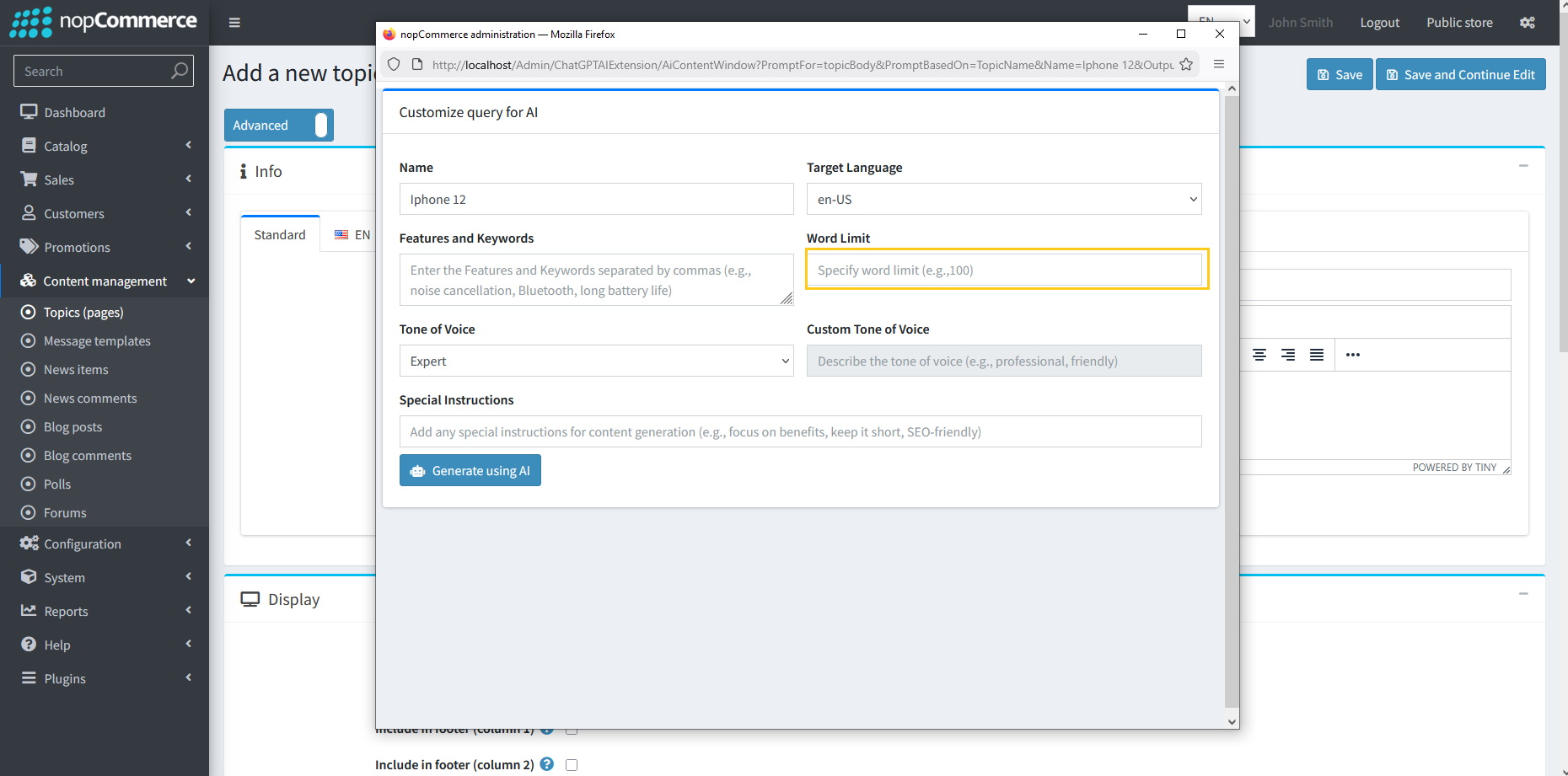 Word limit input for topic content generation