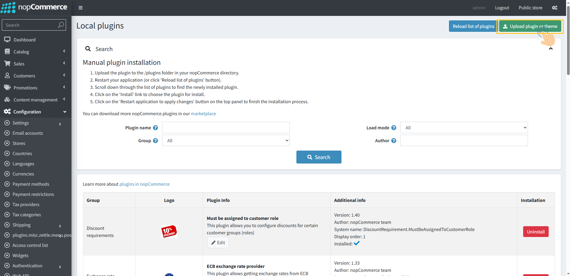 Upload plugin or theme button interface