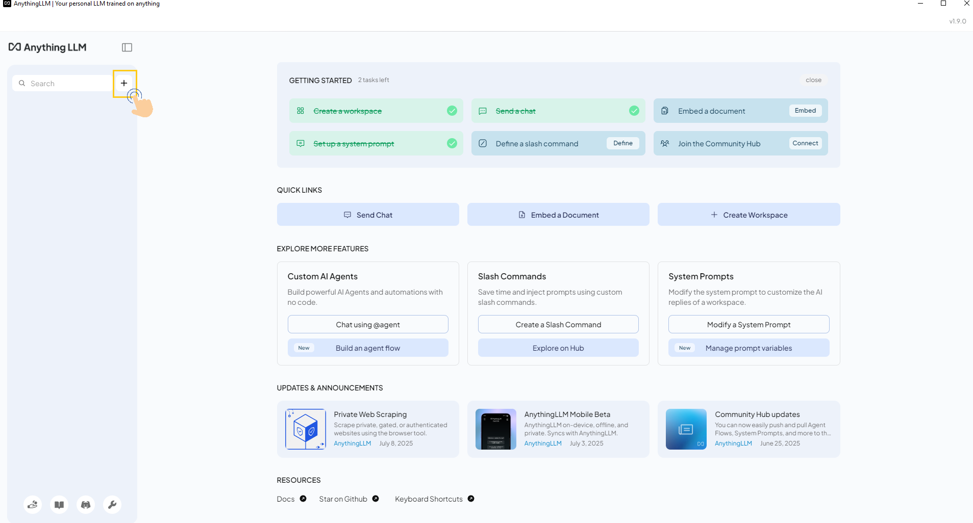 AnythingLLM plus icon to create new workspace
