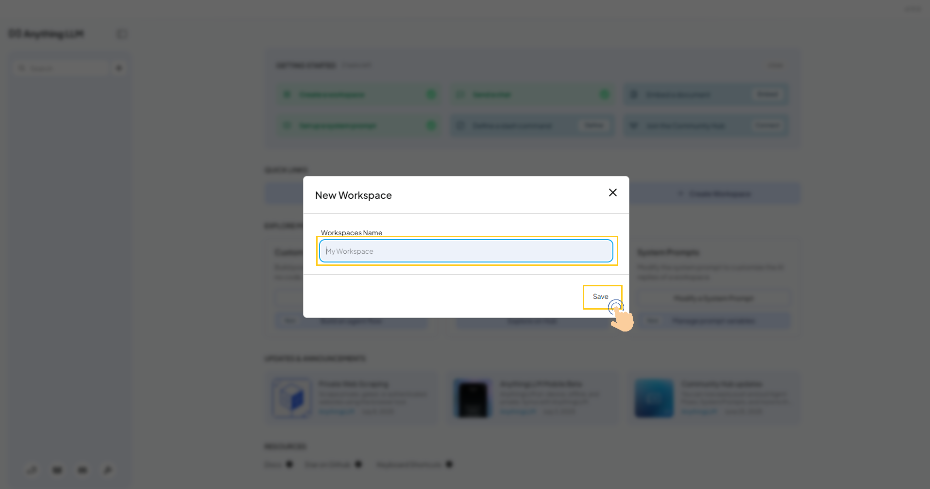 AnythingLLM workspace name input and save dialog